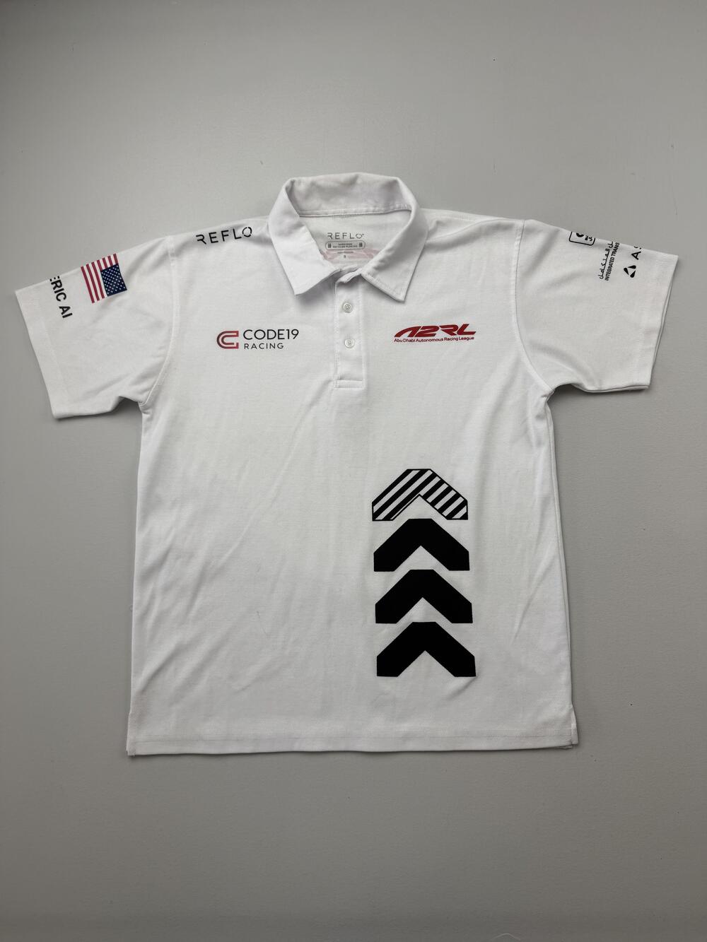 Reflo Polo Shirt Mens Small White ADRL Code19 Racing Sponsors Graphic Knit